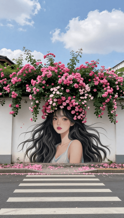蔷薇花墙素材：繁花拥簇的梦幻女孩：超清街头人像摄影