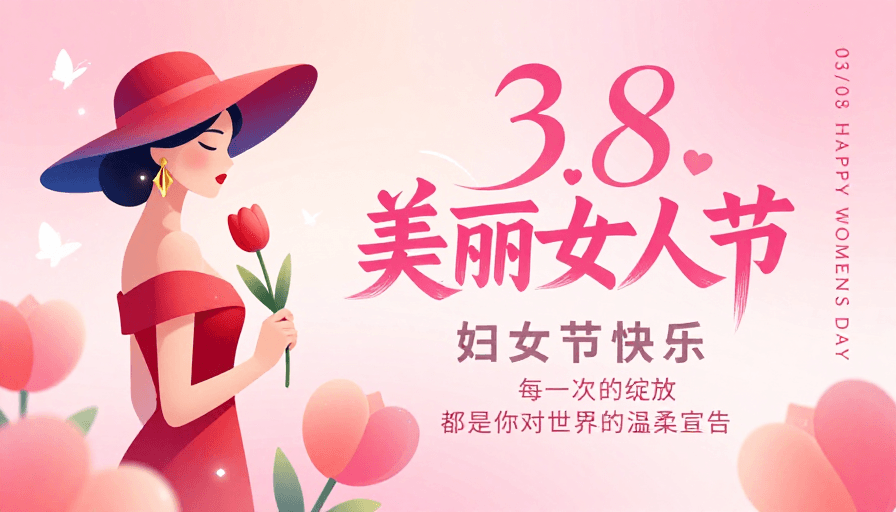粉色渐变素材：浪漫粉红3.8妇女节主题插画海报
