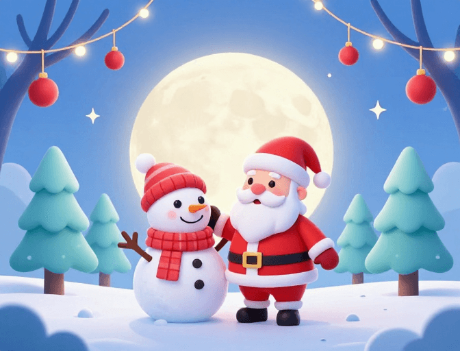 3D卡通素材：童话冬日夜：雪人圣诞老人的温暖邂逅