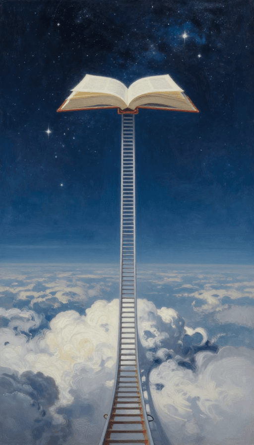 现代油画素材：书本化云梯直冲星海，现代油画艺术震撼呈现