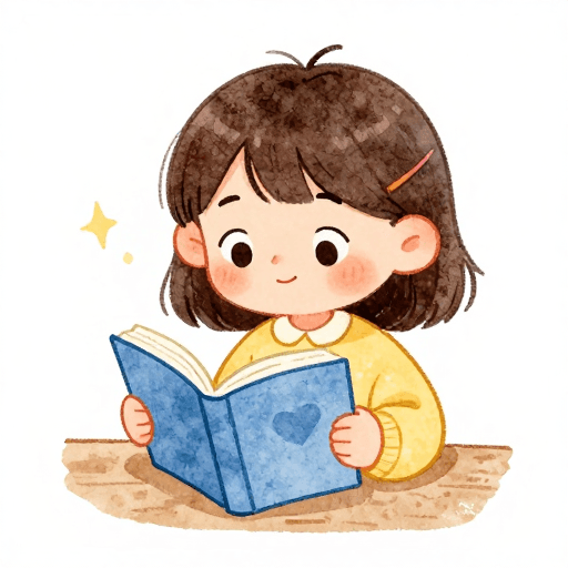 水彩画素材：童趣水彩：专注阅读的小女孩卡通插画