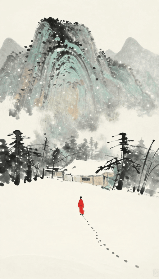 大写意绘画素材：东山魁夷式雪中古道：红衣孤影与远山