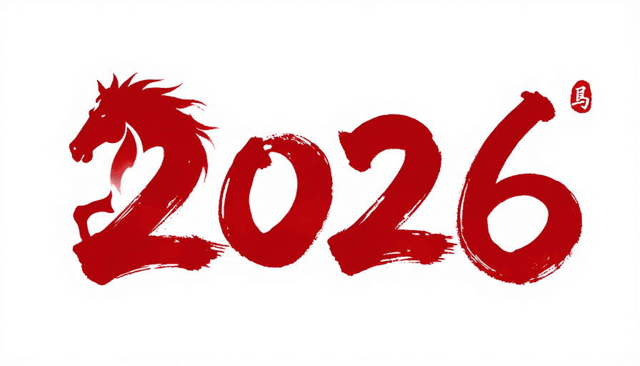 新年祝福素材：奔马跃动：2026红色水墨创意字体设计