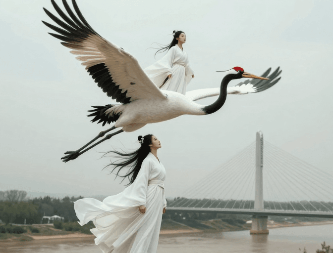 仙鹤意象素材：仙鹤载女修凌空翱翔，武侠古风秘境