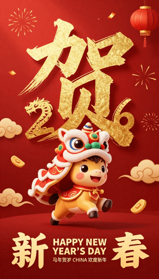 2026新春素材：金红新春贺岁海报，传统书法与现代插画融合设计