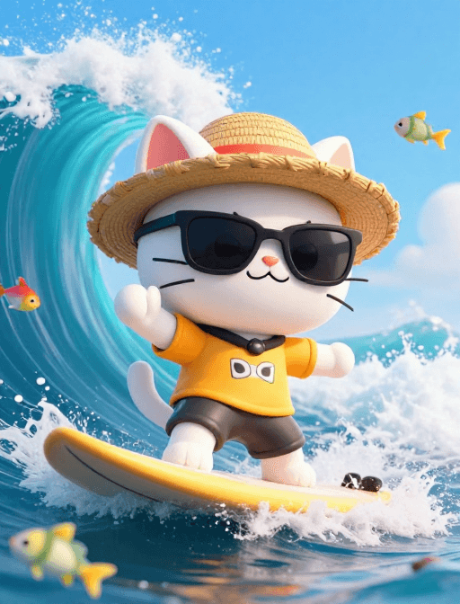 动态海浪素材：酷炫嘻哈冲浪猫：动态海浪中的3D卡通冒险