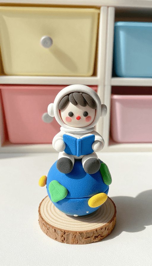 艺术展示素材：粘土宇航男孩治愈星球阅读时光