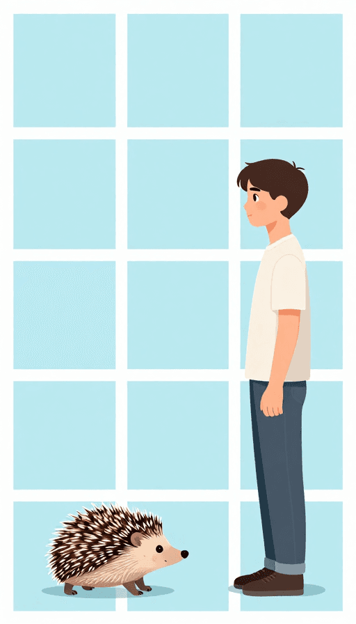 社交素材素材：男生与刺猬温情对视淡蓝宫格插画