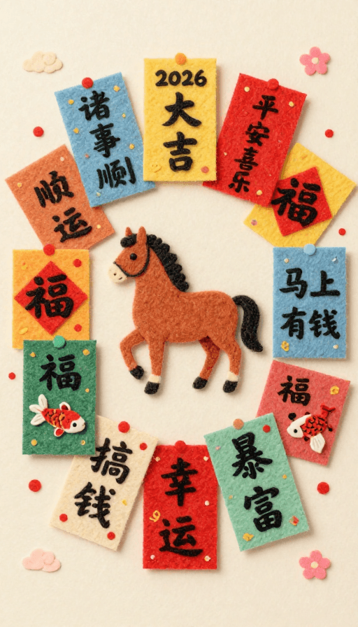 福字元素素材：2026新年吉祥祝福毛毡风插画卡片
