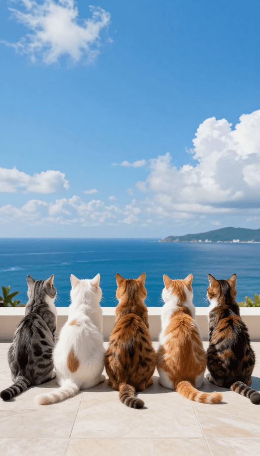 3D效果素材：超现实五猫合影：蓝天碧海间的对称艺术