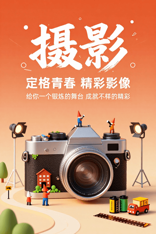 暖色调风格素材：复古相机建筑摄影艺术海报