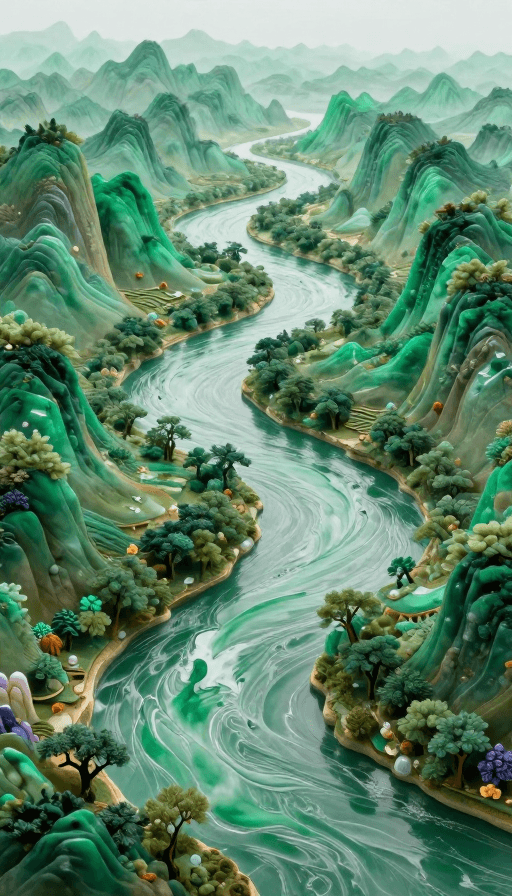 自然奇观素材：翡翠工艺绘就壮阔山河景