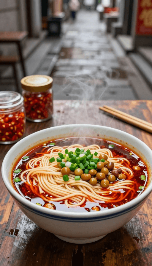 美食摄影素材：重庆小面热气腾腾特写，暖光勾勒市井烟火味