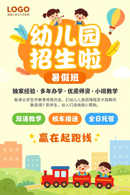 暖色调设计素材：阳光童趣·幼儿园暑期招生海报