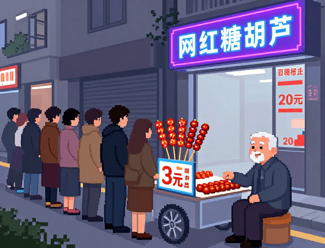 像素风素材：老街怀旧：像素老爷爷摆摊 vs 网红店冷峻价