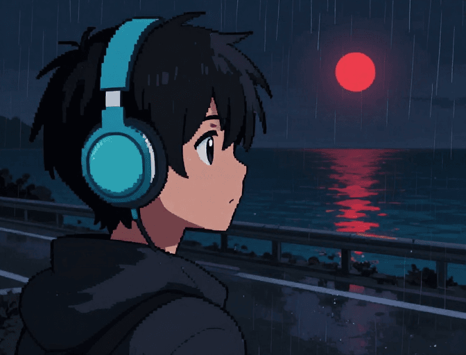 二次元素材：雨夜红月下的像素动漫少年