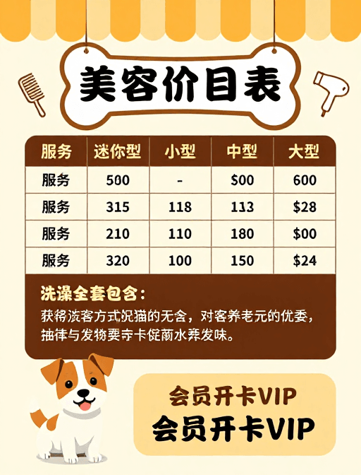 价目表海报素材：宠物美容价目表海报：温馨设计凸显专业服务与会员优惠