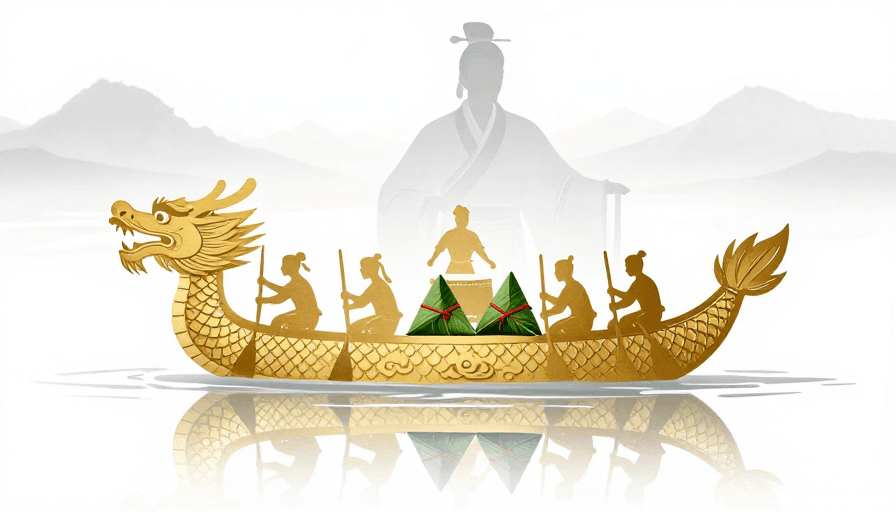 水墨意境素材：水墨金舟与端午诗韵：中国剪纸艺术海报