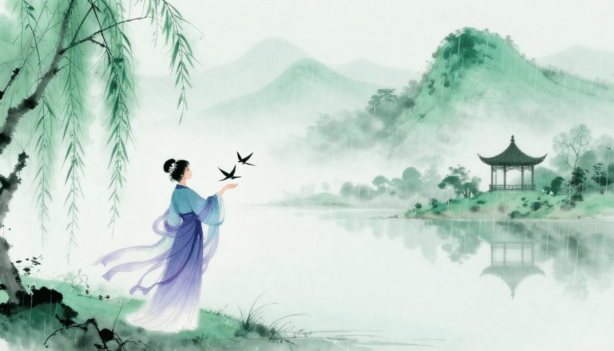 UI适配背景素材：青绿雨雾中的古风诗意水墨画