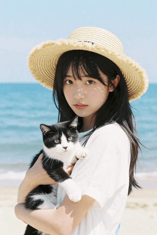低饱和度素材：日系海边清新少女与猫的低饱和柔焦人像
