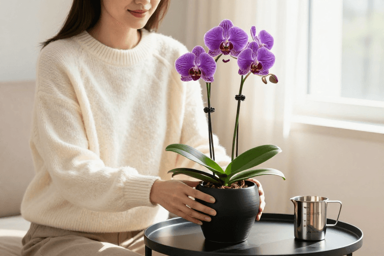 #商业摄影素材：暖光下的静谧生活：紫色蝴蝶兰与柔美瞬间