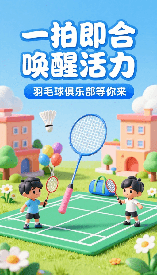 清新氛围素材：一拍即合唤醒活力——卡通羽毛球俱乐部海报