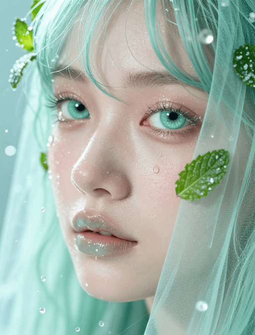 冷调柔光素材：薄荷水润微距肖像：冷调冰晶质感人像摄影