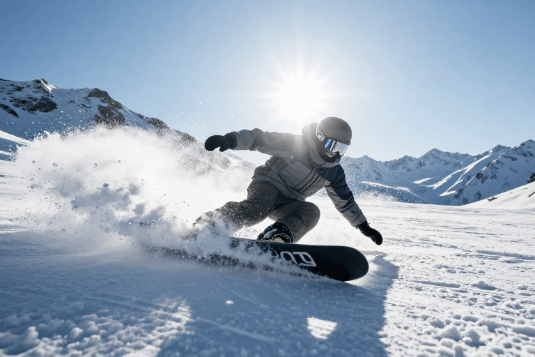 高对比度摄影素材：极速雪浪：NITRO单板滑雪者逆光飞驰瞬间
