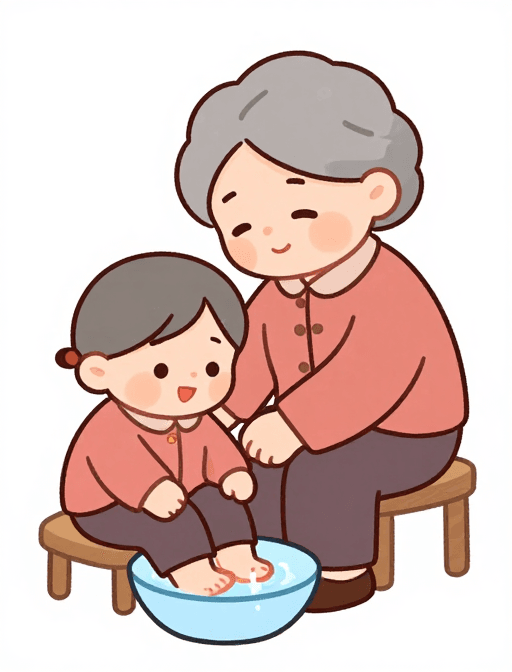 家庭关爱素材：温馨祖孙情：Q版爷爷为奶奶洗脚的感动瞬间