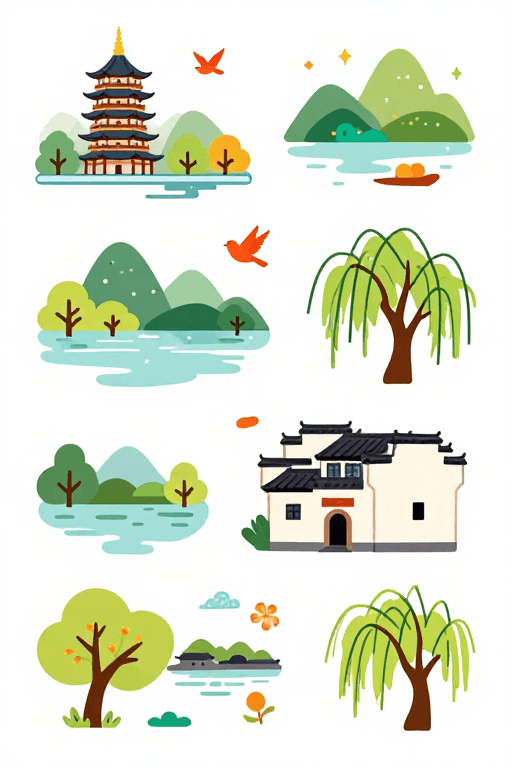 清新自然风格素材：中国古风清新插画：徽派建筑与自然风景的可爱矢量艺术