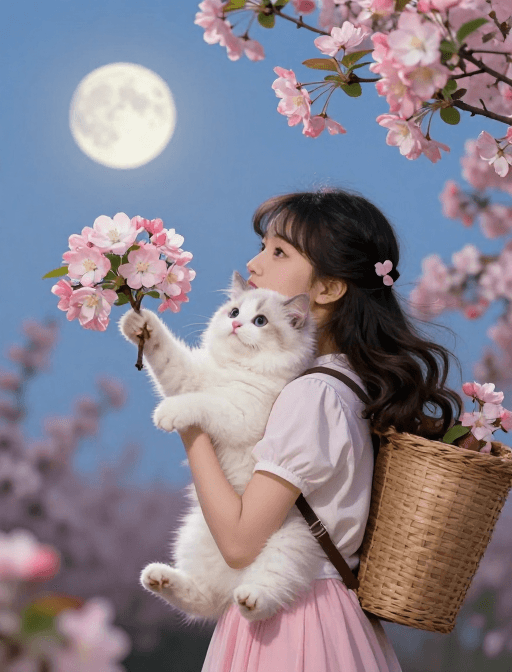 明艳海棠花间：背篓小猫举花美人月夜
