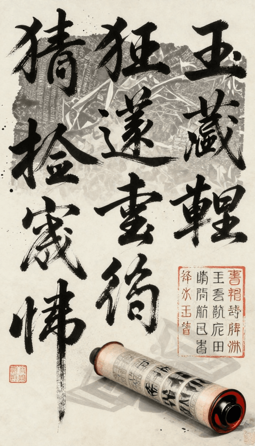 视觉艺术素材：狂草水墨抽象：墨迹粒子与石碑肌理的动态交响