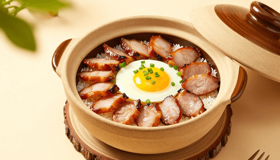 煲仔饭素材：诱人的焦糖叉烧煲仔饭高清实拍，暖光呈现砂锅美食质感