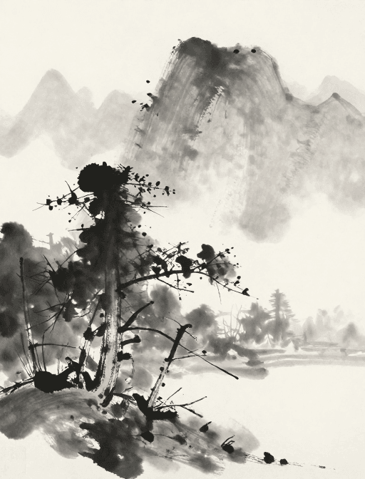 山水画素材：东山魁夷水墨画：雾隐山峦与树影的朦胧美