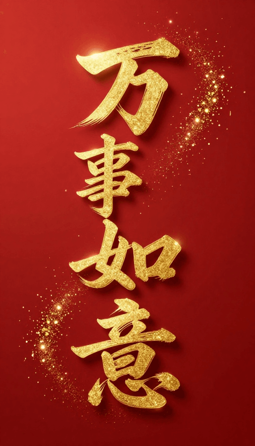 3D文字素材：金色立体书法‘万事如意’璀璨背景艺术