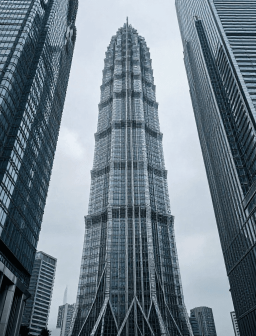 商业广告素材素材：冷峻现代摩天大楼的几何美学与光影张力