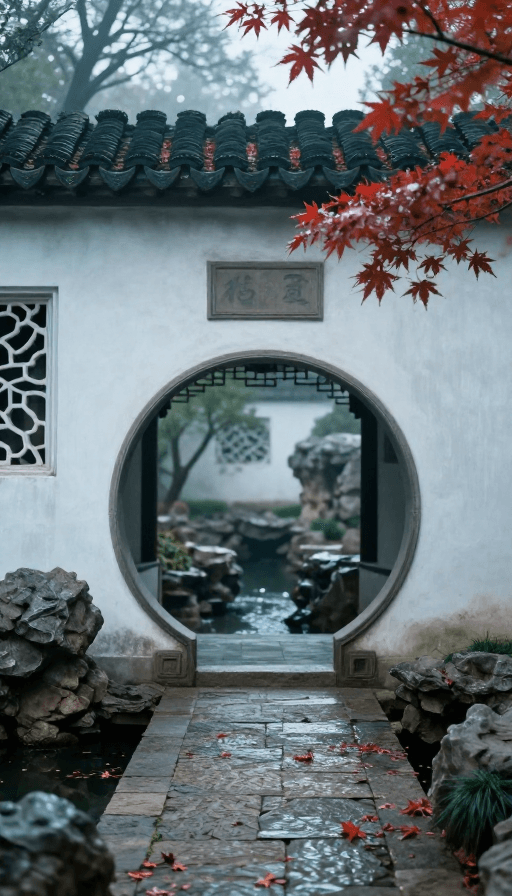 中国风水墨素材：苏式园林静谧晨景：青瓦白墙与落叶涟漪