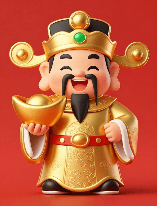 卡通形象素材：喜庆卡通财神金袍持元宝，新年吉祥