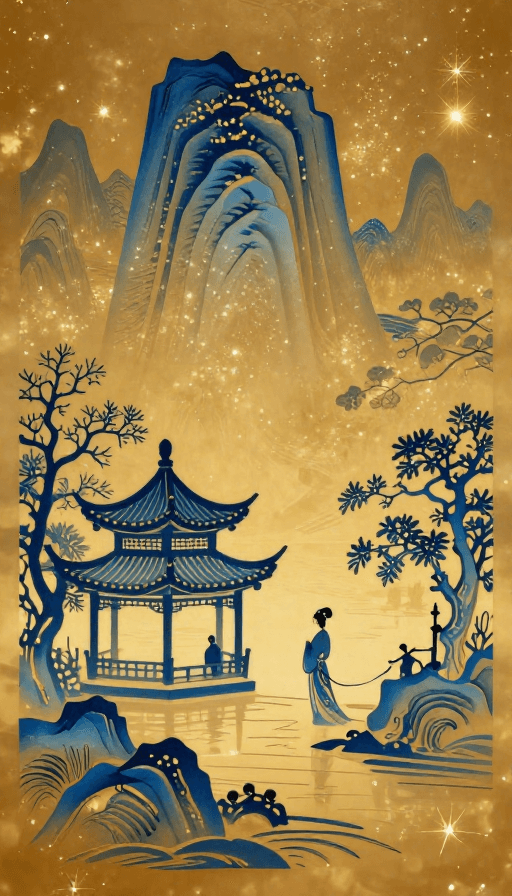 剪纸艺术素材：宋式美人赏景：青花山水与琥珀流光之美