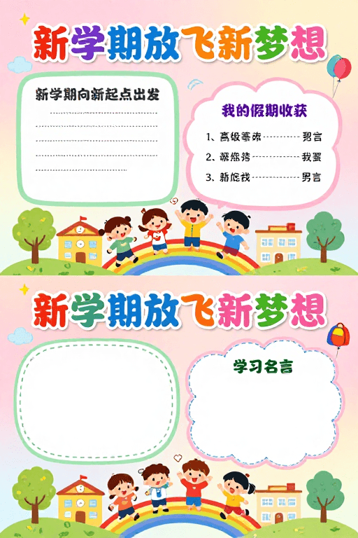 手绘插画素材：童趣手绘校园海报：新学期梦想启航