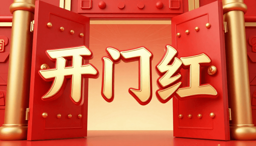 开门红素材：春节开门红主题插画：喜庆红金大门开启好运