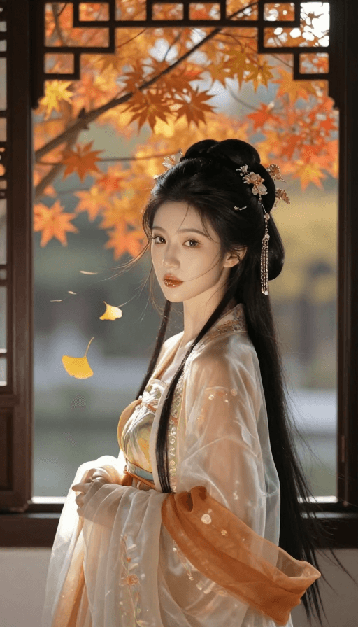 古风素材：古韵秋景美人图：古风汉服少女窗边秋色