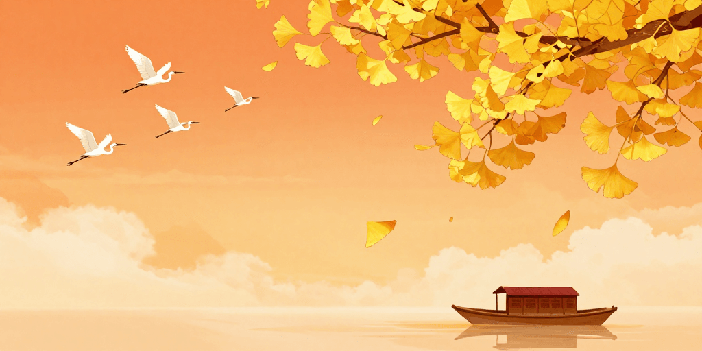 水彩插画素材：秋景水墨意境插画：暖橙黄昏与银杏白鹭