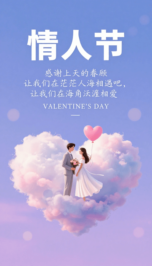 情人节素材：梦幻情人节快乐·浪漫插画海报