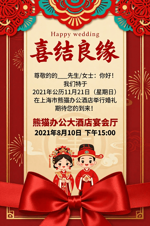 毛笔书法素材：喜庆中式婚礼邀请函：红金配色与书法设计