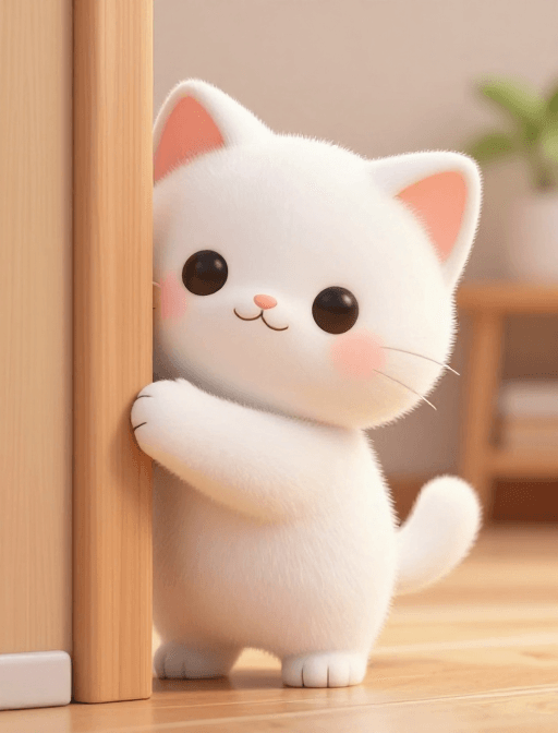 超高清素材：治愈系白色奶猫探头萌照：超高清卡通3D