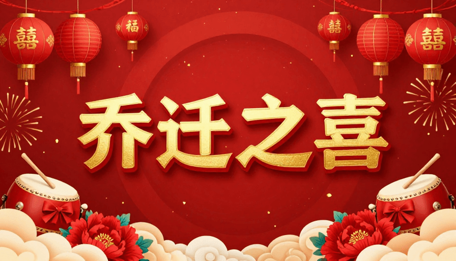 红色喜庆素材：红金中国风乔迁海报，喜庆祥瑞立体艺术