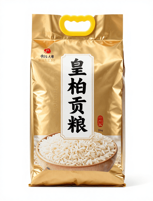 金色包装素材：皇柏贡粮大米包装展示：金属铝膜金色高光质感