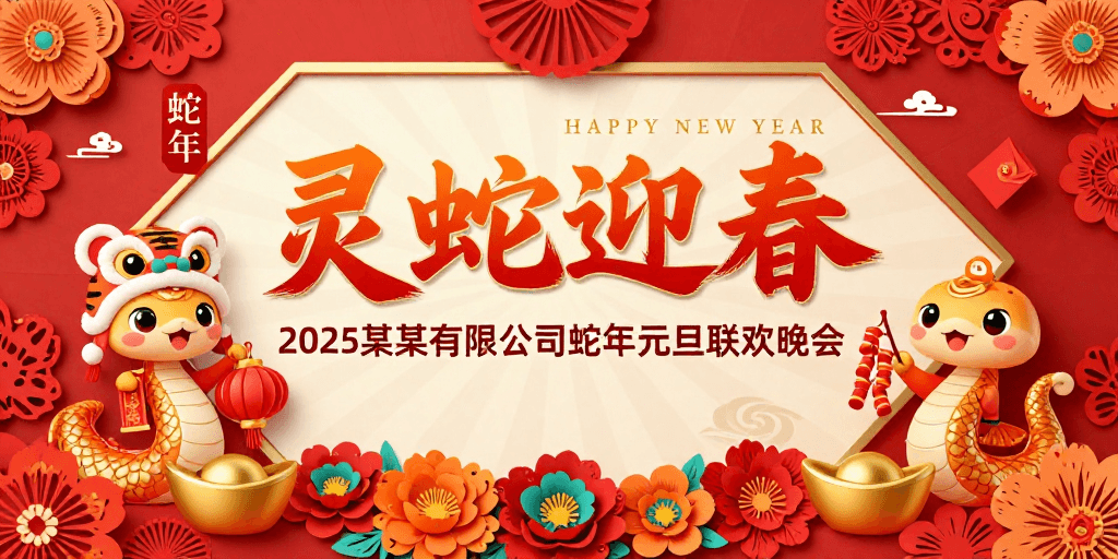 剪纸艺术素材：灵蛇迎春 2025年元旦晚会喜庆中国风海报