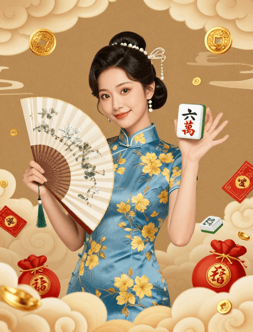 财富寓意素材：旗袍女子持六万麻将牌庆贺祥瑞
